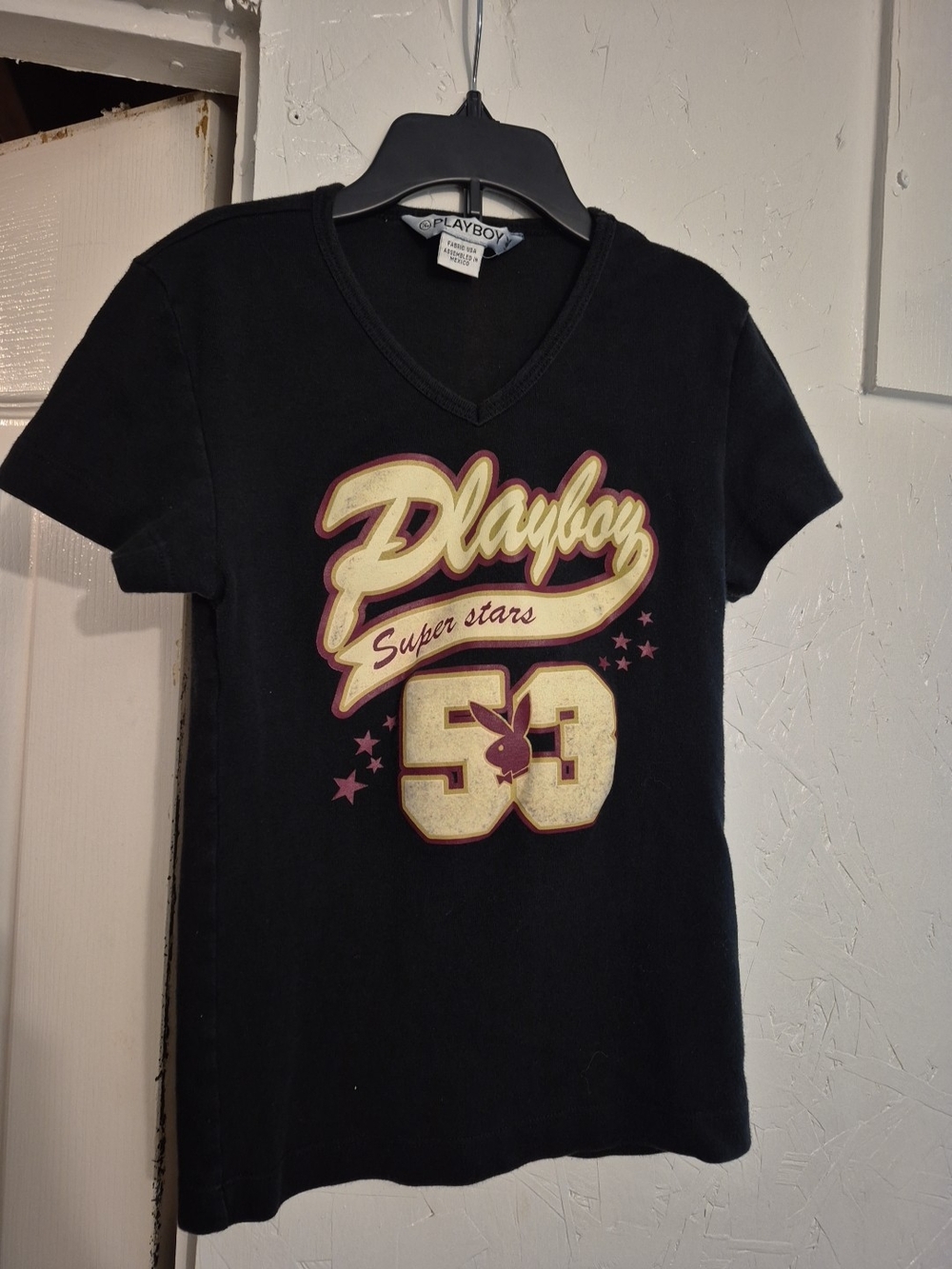 Y2k Rare PLAYBOY Black V‑Neck 'Playboy Super Stars 53' Graphic Tee